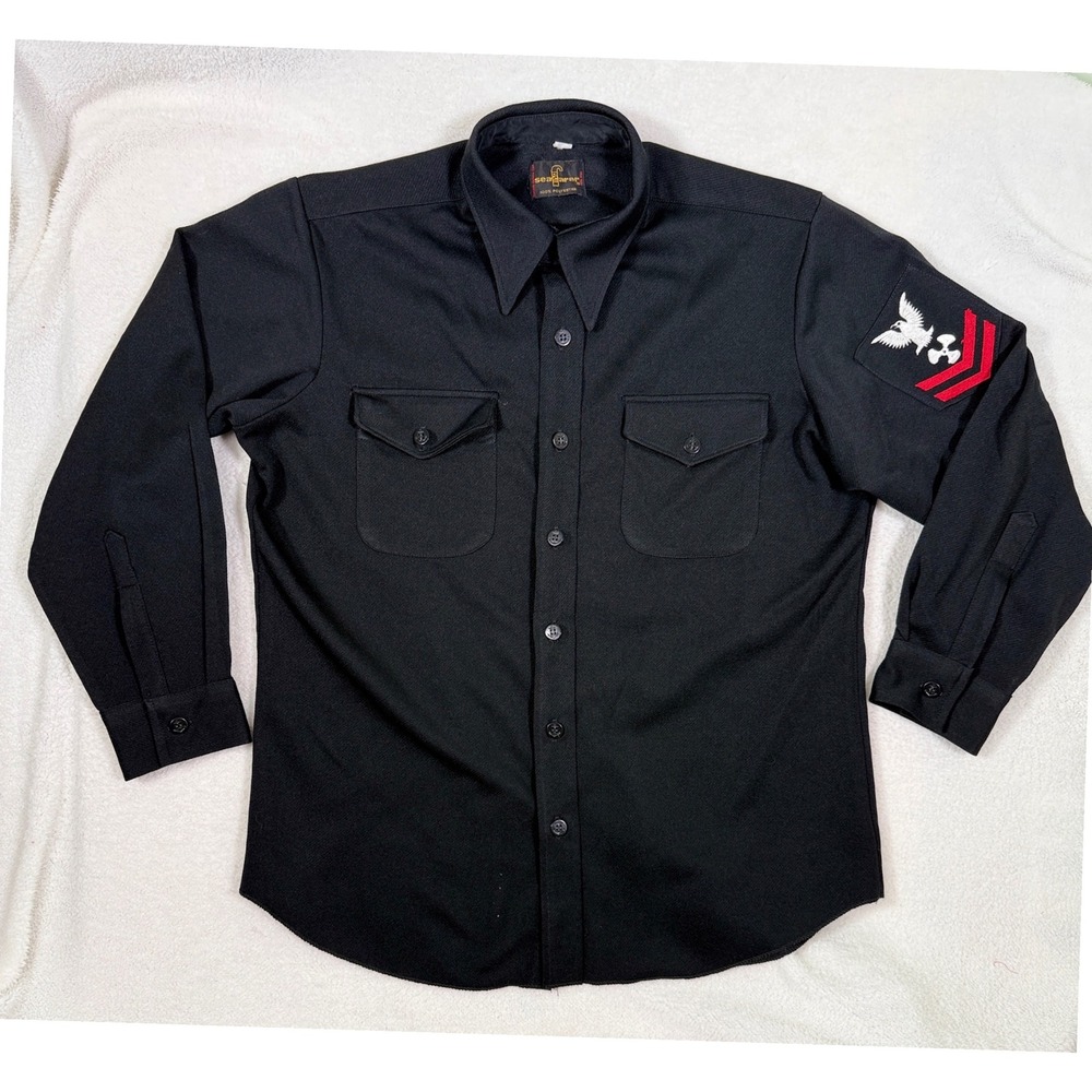 Vintage Seafarer US Navy CPO Shirt 17-32 Black Polyester Utility Patch Berry